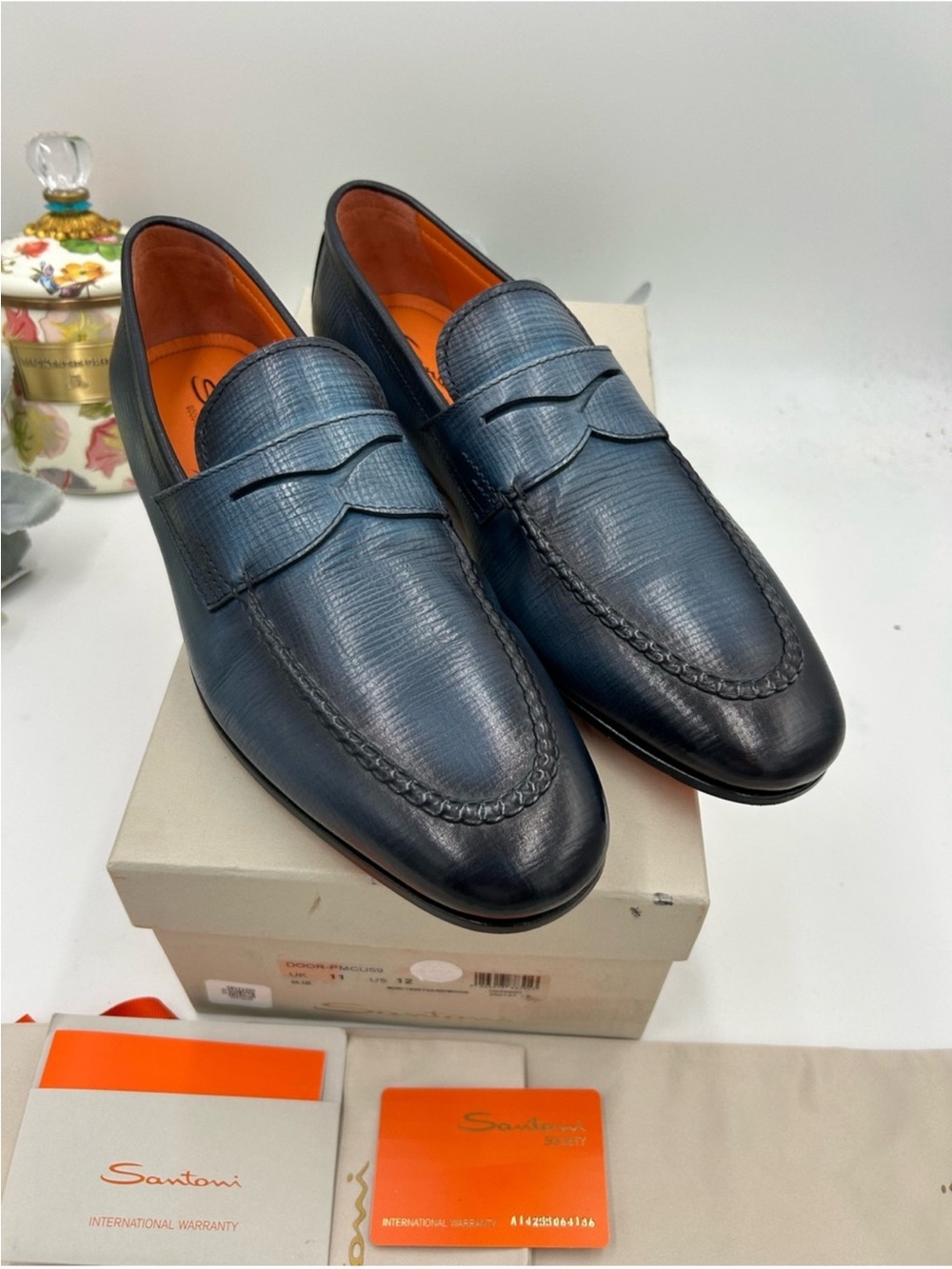 Man Santoni blue textured penny loafer size 12 US made in Italy NWT